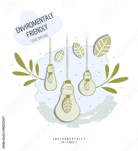 Vector hand drawn cartoon sketch of energy saving lamps with green leaves. LED lamp with green leaf. Alternative green energy concept. Sustainable lifestyle.