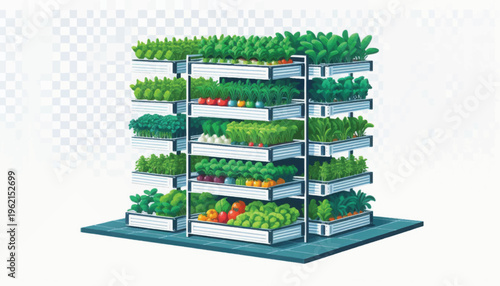 Vertical Farming System. Modern Urban Agriculture Illustration. Multi-Tiered Hydroponic Shelves Growing Fresh Produce.