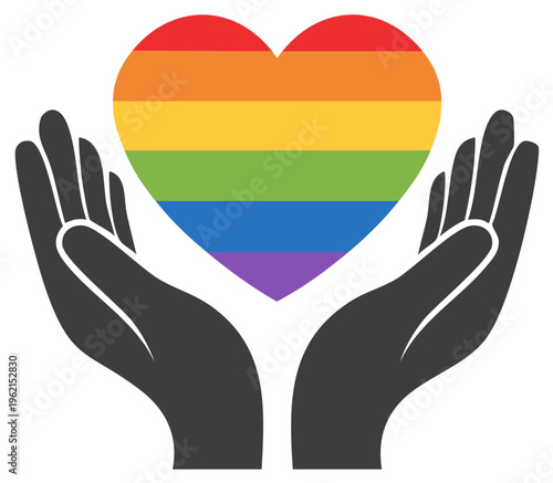 Two hands holding a colorful rainbow heart symbol of LGBTQ pride love and support