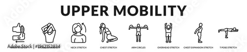 Professional banner presenting upper body mobility stretches that enhance posture, shoulder flexibility, and joint movement in Lineal Icon Style