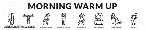 Professional banner illustrating a morning warmup routine designed to activate muscles, improve circulation, and prepare the body for daily movement in Lineal Icon Style