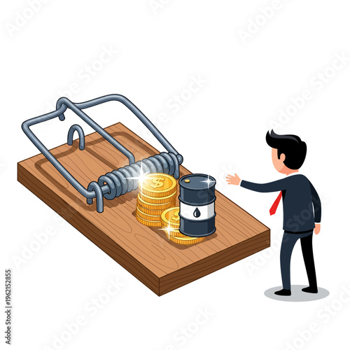 Business Trap Illustration Money Oil Barrel Financial Risk Cartoon Concept Investment Scam Debt Danger Economic Crisis Stock Market Failure