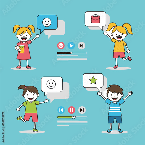 Animated depiction of happy children exploring digital communication and interactive media, symbolizing youth engagement with technology and online learning experiences