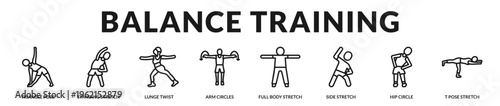 Professional banner presenting balance training movements designed to strengthen posture control and improve coordination in Lineal Icon Style