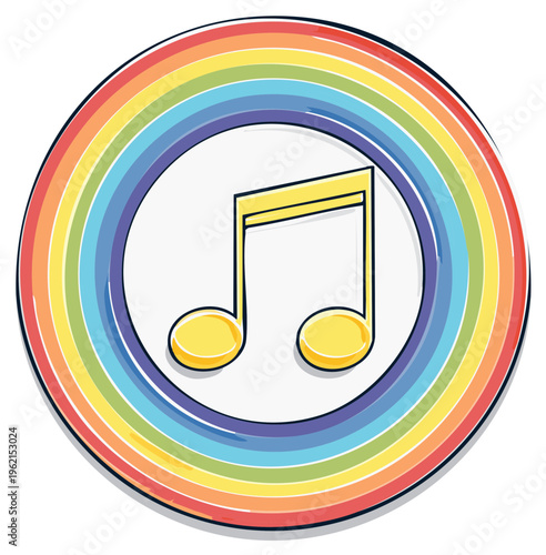 Vibrant rainbow circle framing a simple musical note symbol for auditory creativity and sound