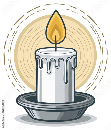 Illustration of a lit white candle with dripping wax and warm glow