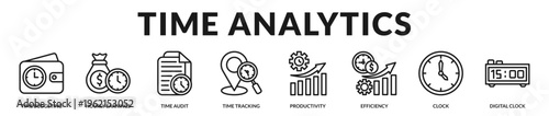 Professional banner presenting time analytics tools used to evaluate productivity, financial performance, and schedule efficiency in Lineal Icon Style