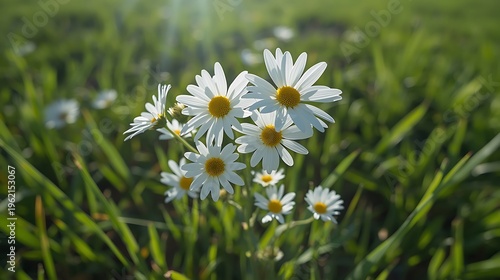 Sunlit daisies blooming in a vibrant green meadow under bright daylight