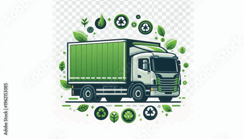 Green Logistics Truck Illustration: Eco-Friendly Delivery, Sustainable Shipping, and Recycling Transportation Concept.