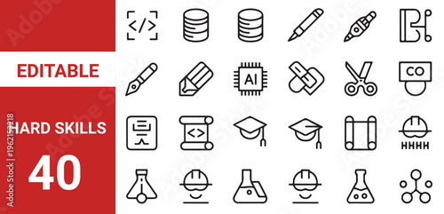 Hard skills icon set. Editable line icons.