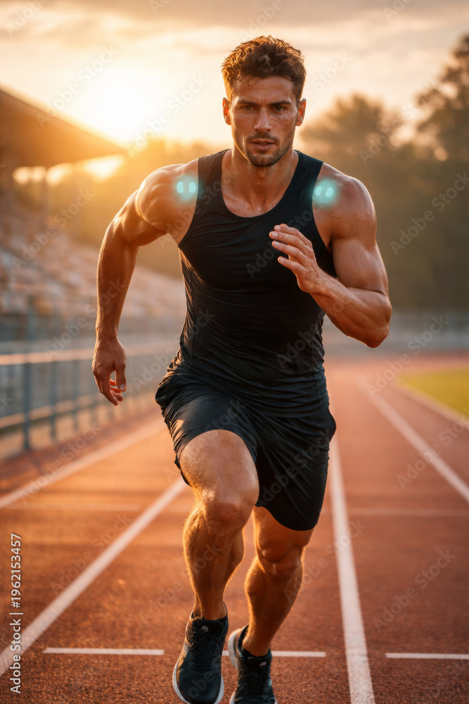 Fototapeta premium Young athletic man sprinting on a track at sunset