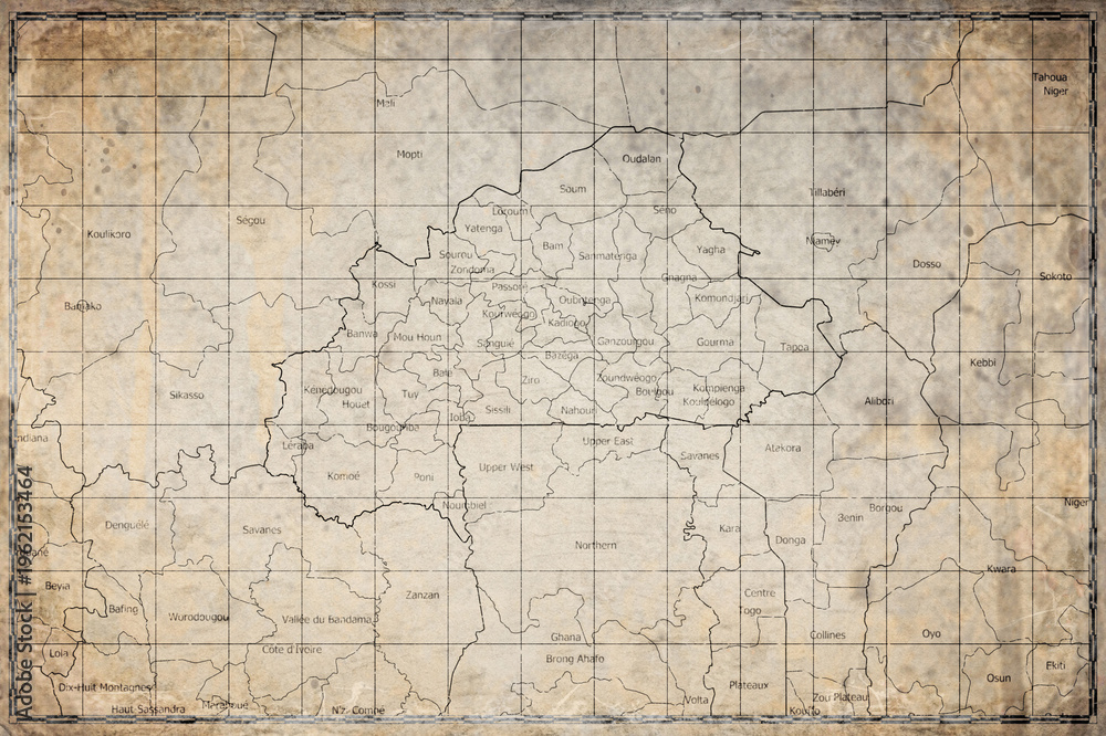 Fototapeta premium Vintage Map Of Burkina Faso With Regional Boundaries On Retro Paper Background