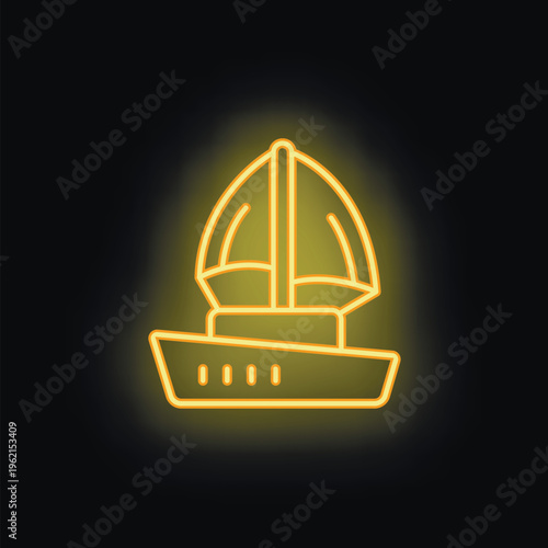 Bright yellow neon sign depicting a sailboat glowing on a black background