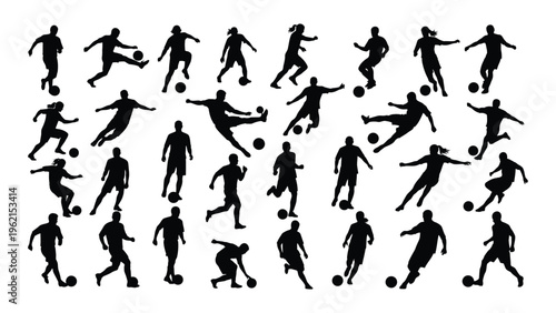 Collection of soccer player silhouettes in various actions