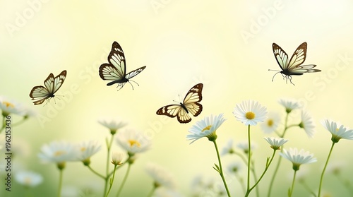 Graceful butterflies dancing among delicate daisies in a serene field