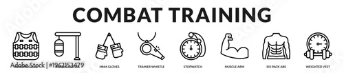 High-intensity banner illustrating combat training activities combining strength, speed, and endurance in Lineal Icon Style