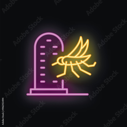 Neon icon of a mosquito repellent, an electronic device emitting high frequency sound waves that repel mosquitoes