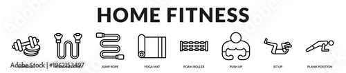Versatile banner showcasing home workout solutions using compact equipment for efficient training routines in Lineal Icon Style