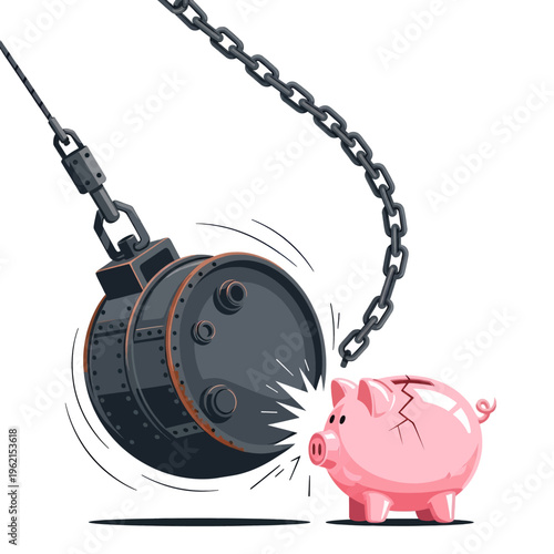 Piggy Bank Destruction Cartoon Illustration Financial Crisis Savings Loss Economic Impact Funny Animation Vector Graphic White Background