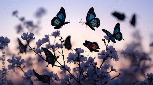 Butterflies amidst blooming flowers at twilight