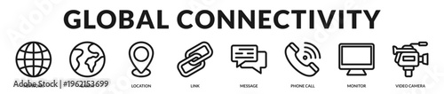 Professional banner representing global connectivity through internet networks, communication systems, and digital media platforms in Lineal Icon Style