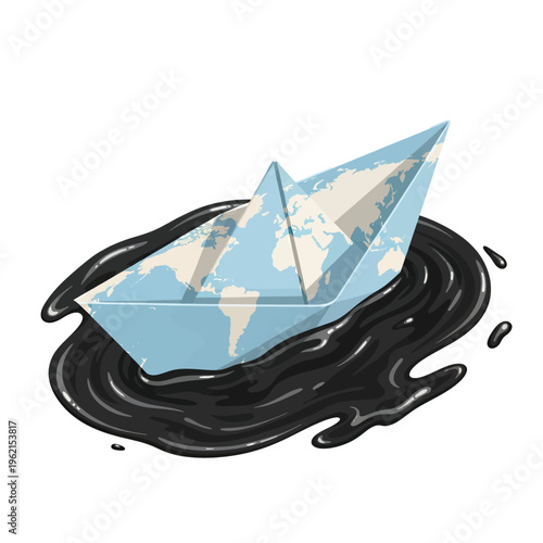 Paper Boat on Oil Spill Illustration Environmental Pollution Concept Global Warming Climate Change Earth Art Vector Graphic Design