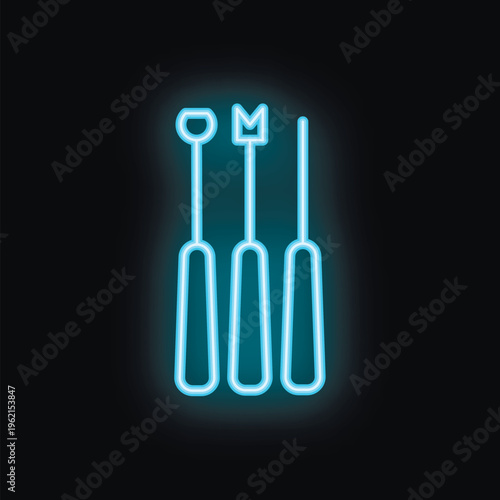 Blue neon sign of three awl punching tools for leather crafting glowing on a black background