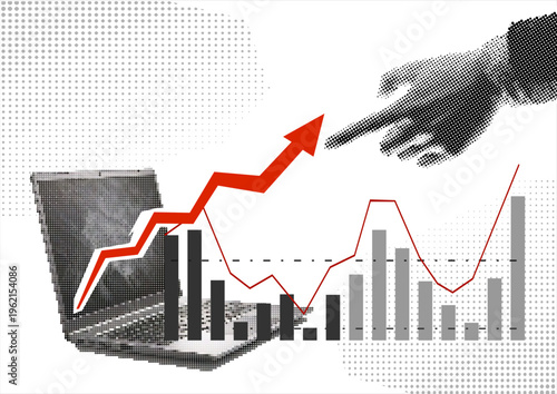 Data analytics concept. Halftone hand draws sales graph. Modern collage design. Pop art. Growth chart. Successful business performance. Business data graph on screen laptop. Achieving high results