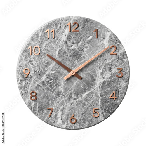 Modern and minimalist wall clock with a gray marble texture and copper hands and numbers