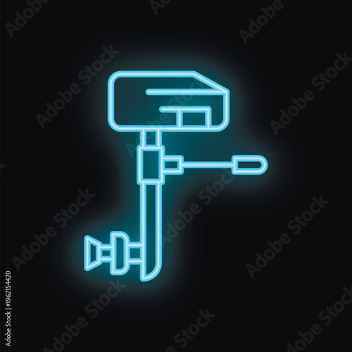 Blue neon sign of a boat motor glowing on a black background