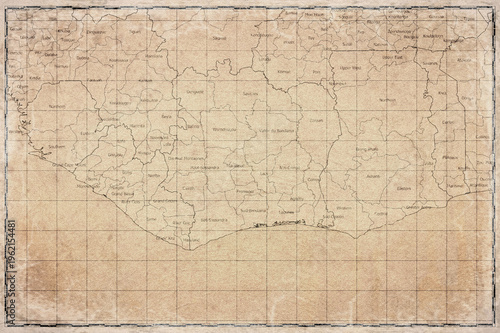 Vintage Map Of Cote d Ivoire With District Boundaries On Retro Paper Background