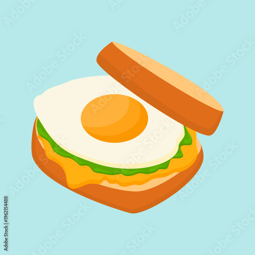 Flat Illustration of Fried Egg Sandwich with Melted Cheese and Fresh Lettuce on Toast Bread, Delicious Breakfast Fast Food Icon Design