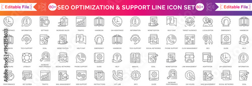 Seo Vector icon set. Search Engine Optimization Blue and White icon collection. With topics like business, search, target, ranking, optimization, content and keyword.