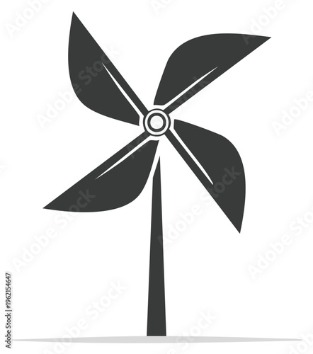 Stylized pinwheel illustration rotating with four blades attached to a central axis on a stick, symbol of childhood whimsy and sustainable energy