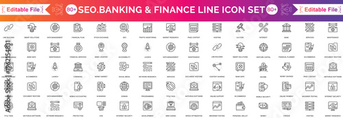 Business and finance Seo Vector icon set. Search Engine line icon set with money signs, payment, Wallet, Coins, Moneybag, investment, payment, investment, deposit, piggy bank, calculator, savings. 