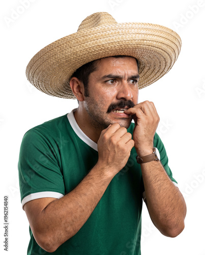 Worried Mexican football fan wearing sombrero biting nails isolated on white