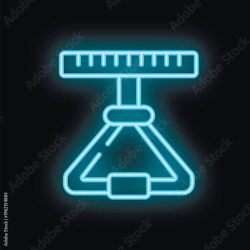 Glowing blue neon icon of a mechanical scale hanging, with a ruler at the top showing the weight