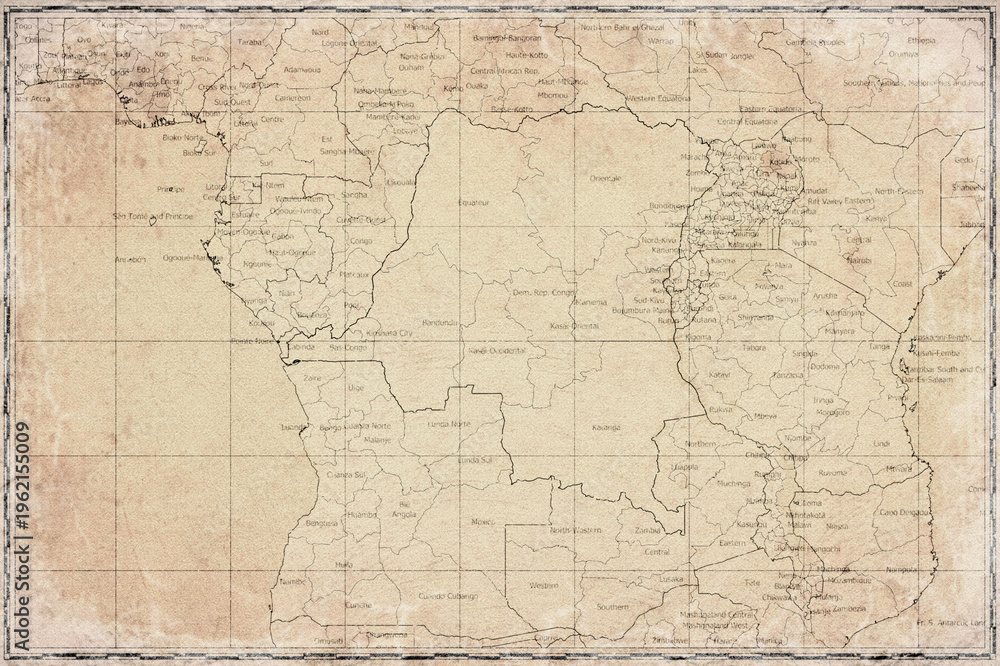 Fototapeta premium Vintage Map Of Democratic Republic Of The Congo With Provincial Boundaries On Retro Paper Background