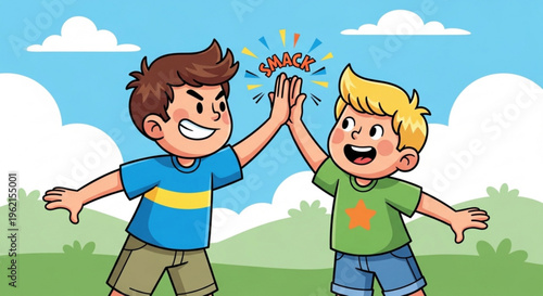 Two happy boys giving high five with sparkles on a sunny day outdoors