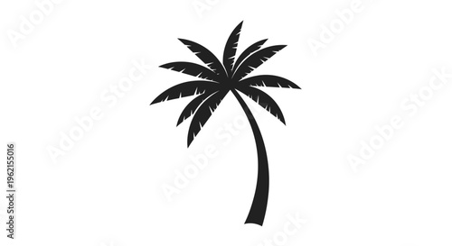 Minimalist black silhouette of a palm tree, symbolizing tropical destinations, on an isolated white background.