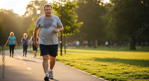 A man enjoys jogging on a sunny park path.