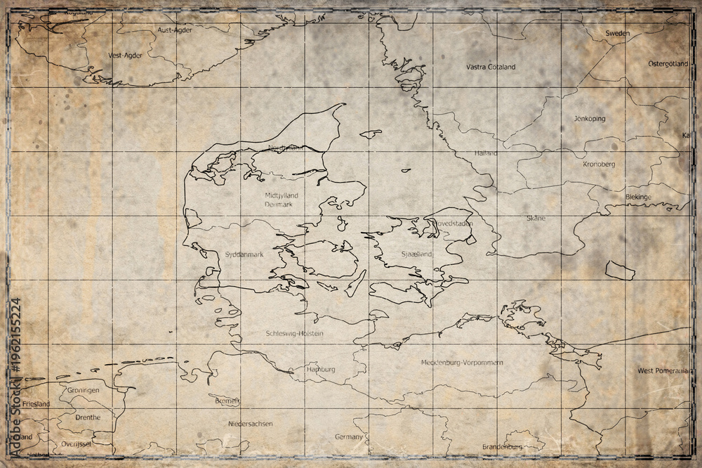 Fototapeta premium Vintage Map Of Denmark With Regional Boundaries On Retro Paper Background