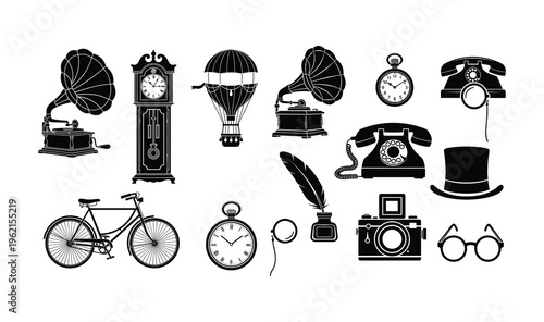Collection of historical and retro vintage objects in silhouette illustration style, including classic gadgets, timeless accessories, and antique items for design projects