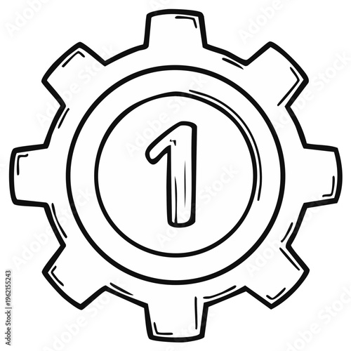 Hand drawn gear icon with number one inside, symbolizing process, settings, or first step