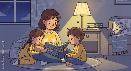 Mother reading bedtime story to two children on living room floor at night