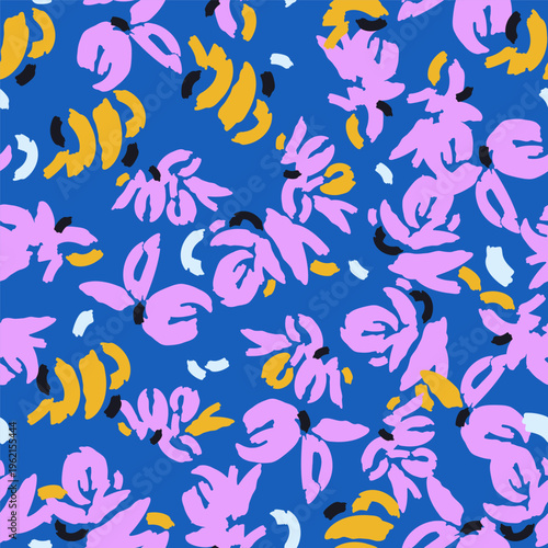A bold seamless vector pattern of abstract floral shapes in lilac, mustard, black and pale blue on deep cobalt background