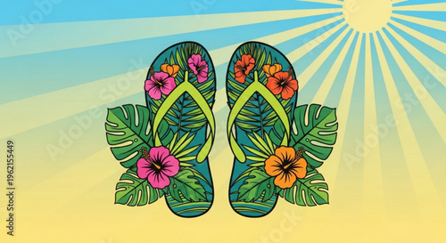 Vibrant floral flip flops on sunny beach background with tropical leaves and colorful hibiscus flowers