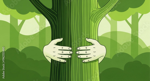 Human hands embracing a tree trunk in a forest with green foliage and natural surroundings