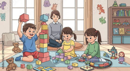 Children playing with colorful blocks on a mat in a nursery with a woman