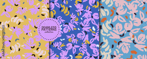 A seamless vector patterns collection: abstract floral motifs in ochre, lilac, cobalt, mustard, and teal